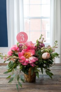 low centerpiece, wedding centerpiece, peony centerpiece, table numbers 