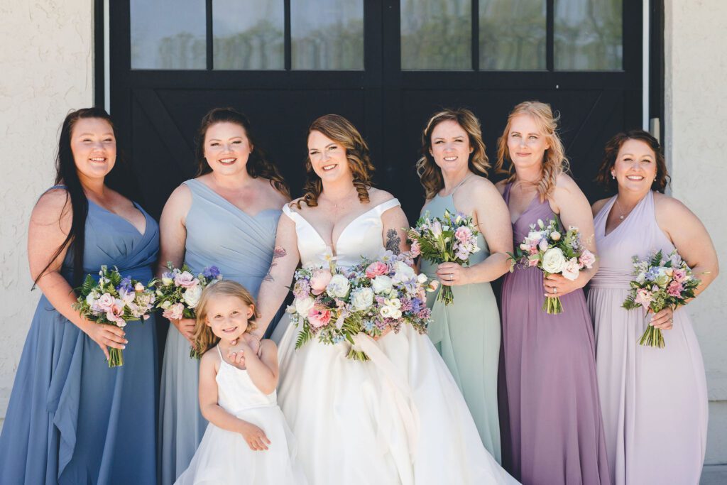 Bride, bridesmaids, spring colors, bouquet, spring dresses, bridal bouquet, floral v designs