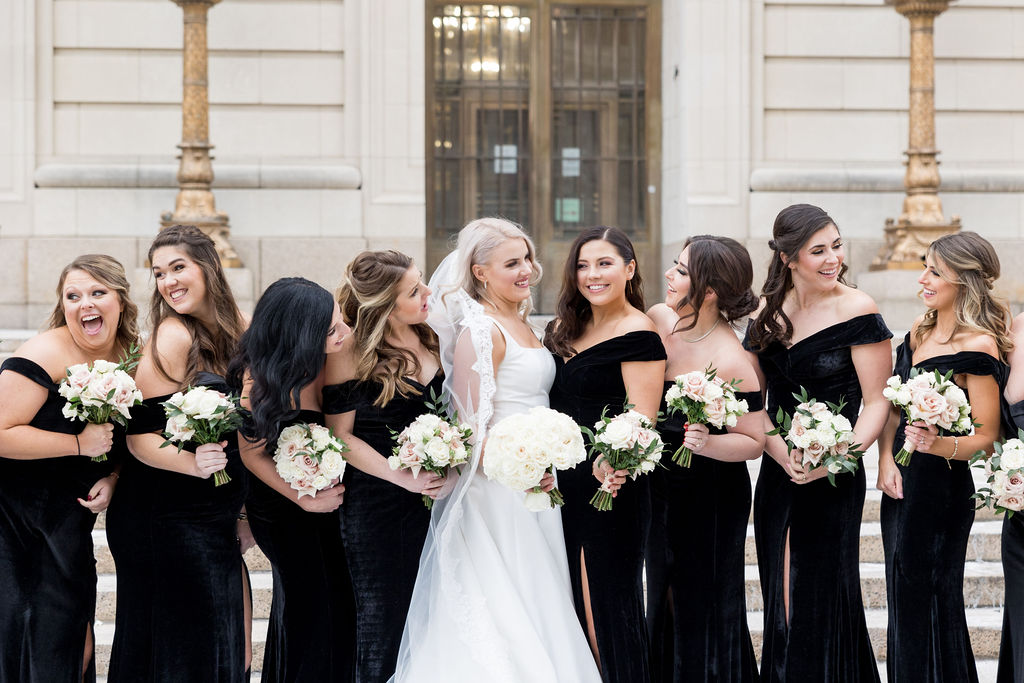 black bridesmaids dresses, white wedding flowers, Hilton Netherland plaza
