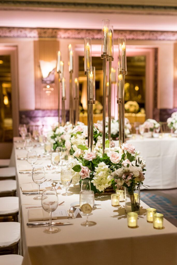 Tall gold candle centerpieces, Hilton Netherland plaza, head table decor