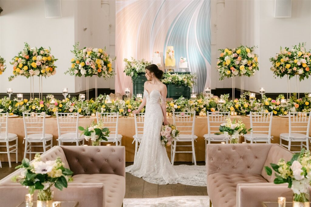 Tall wedding flower centerpieces at the Transept in Cincinnati Ohio with Funkys Catering 