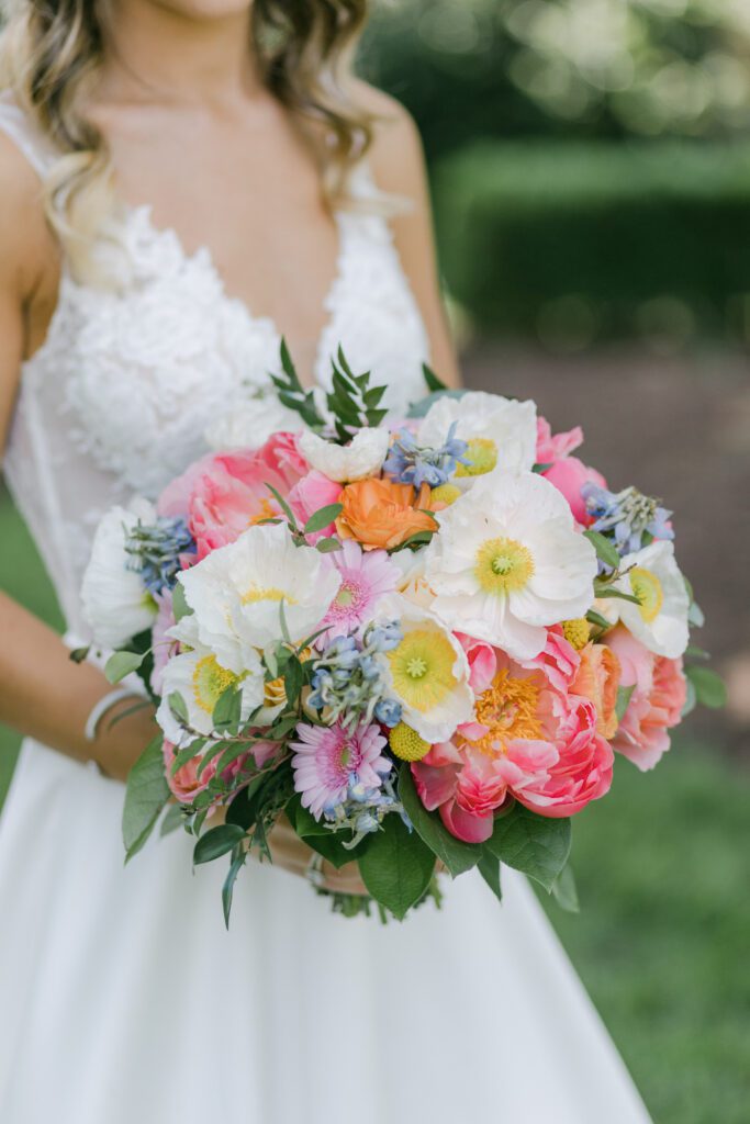 Colorful spring Brides bouquet at French House Cincinnati Ohio, wedding florist 
